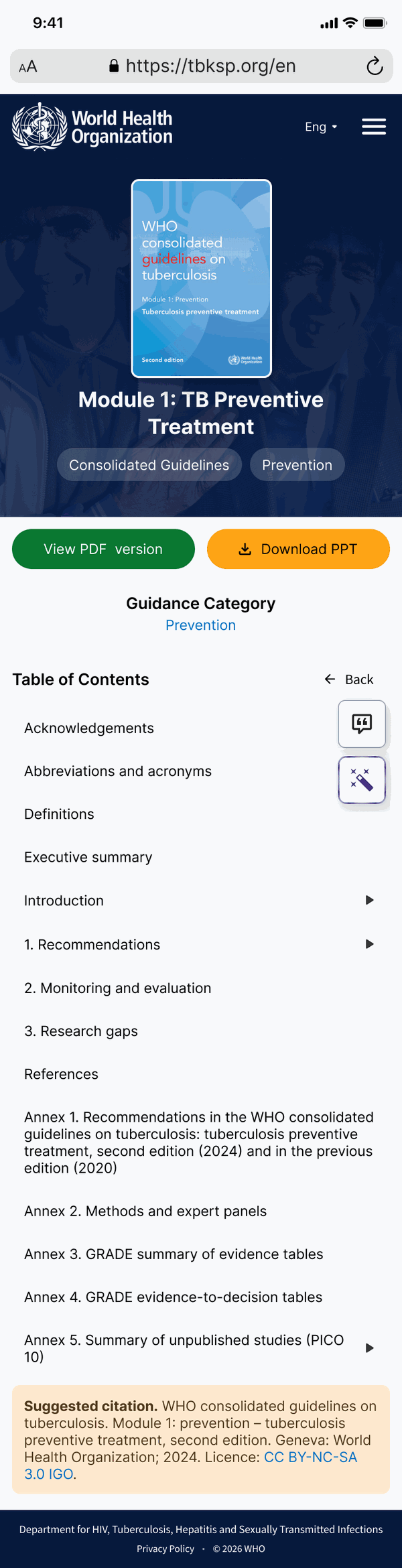 A guideline cover page on a phone, with its downloads and contents