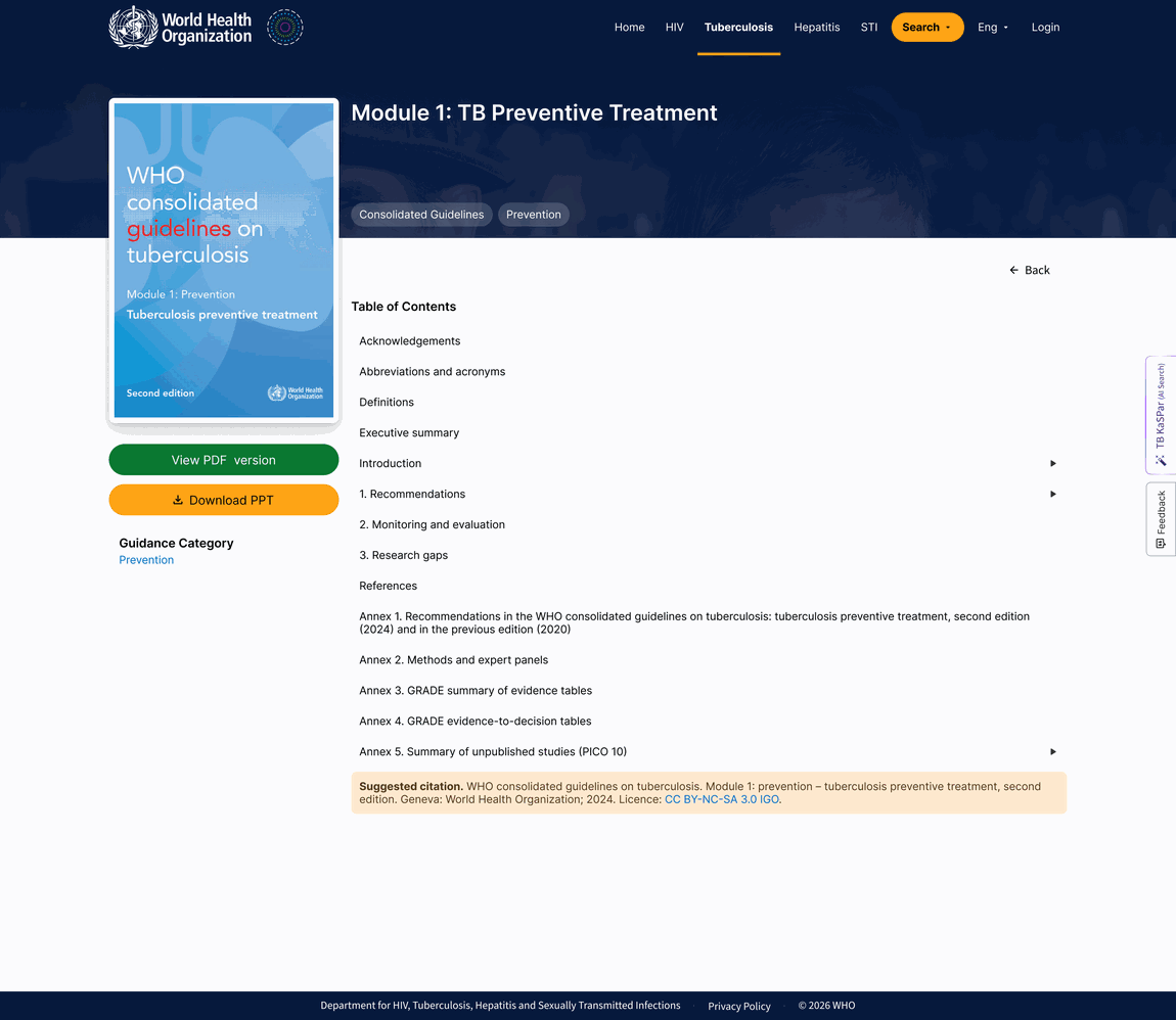 A guideline cover page with its table of contents, PDF and slide downloads