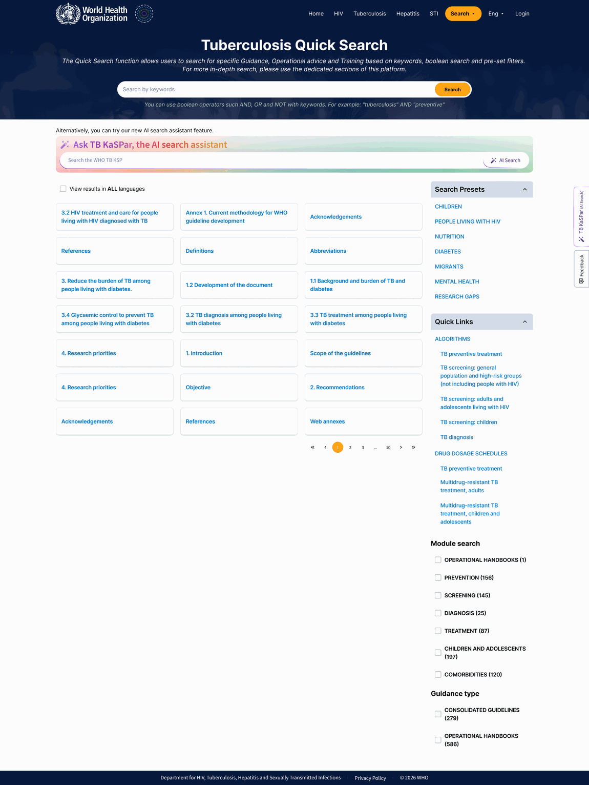 Quick search for tuberculosis: presets, quick links, counted filters and the AI assistant